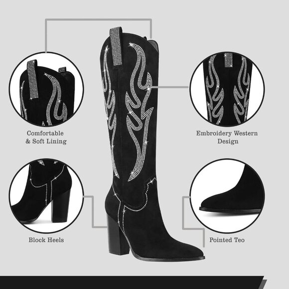 Celbreez Women Black Suede Knee High Western Boots With Rhinestone Embroidery - Picture 6 of 6